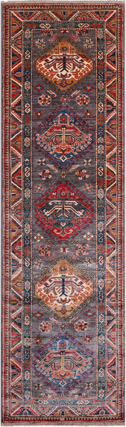 Grey Super Kazak Hand Knotted Wool Runner Rug - 2' 8" X 9' 0"