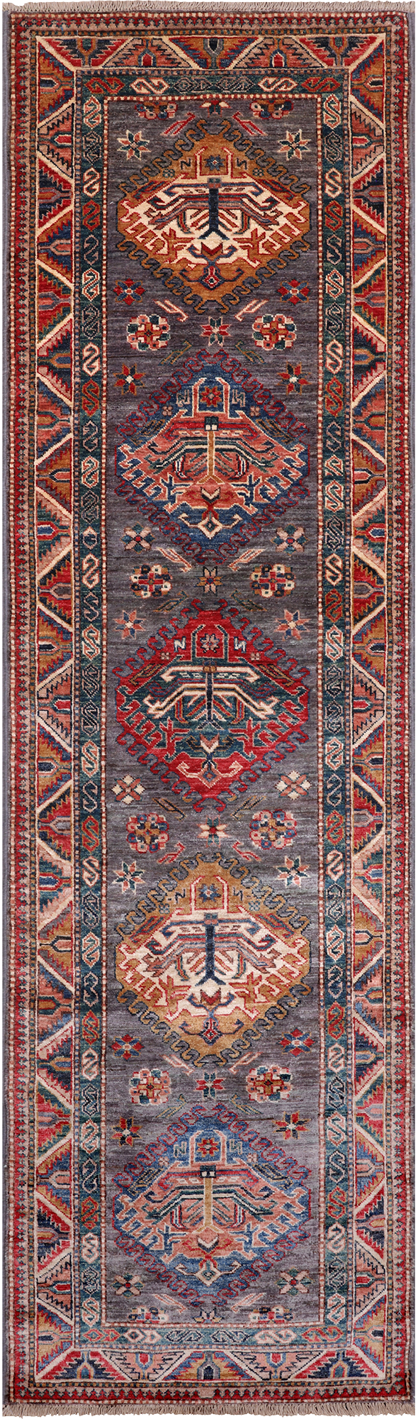 Grey Super Kazak Hand Knotted Wool Runner Rug - 2' 8" X 9' 0"