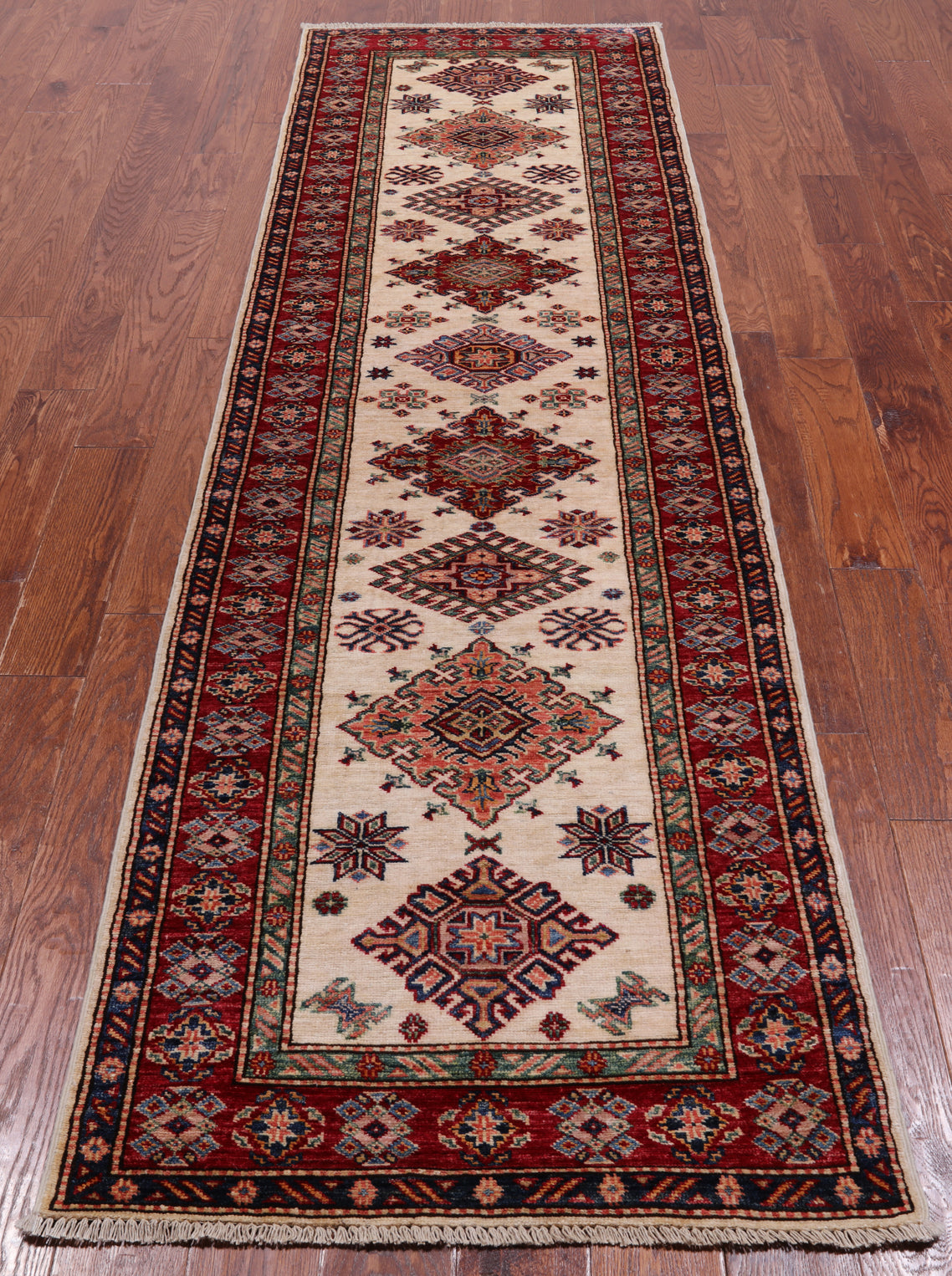 Ivory Super Kazak Handmade Wool Runner Rug - 2' 10" X 9' 5"