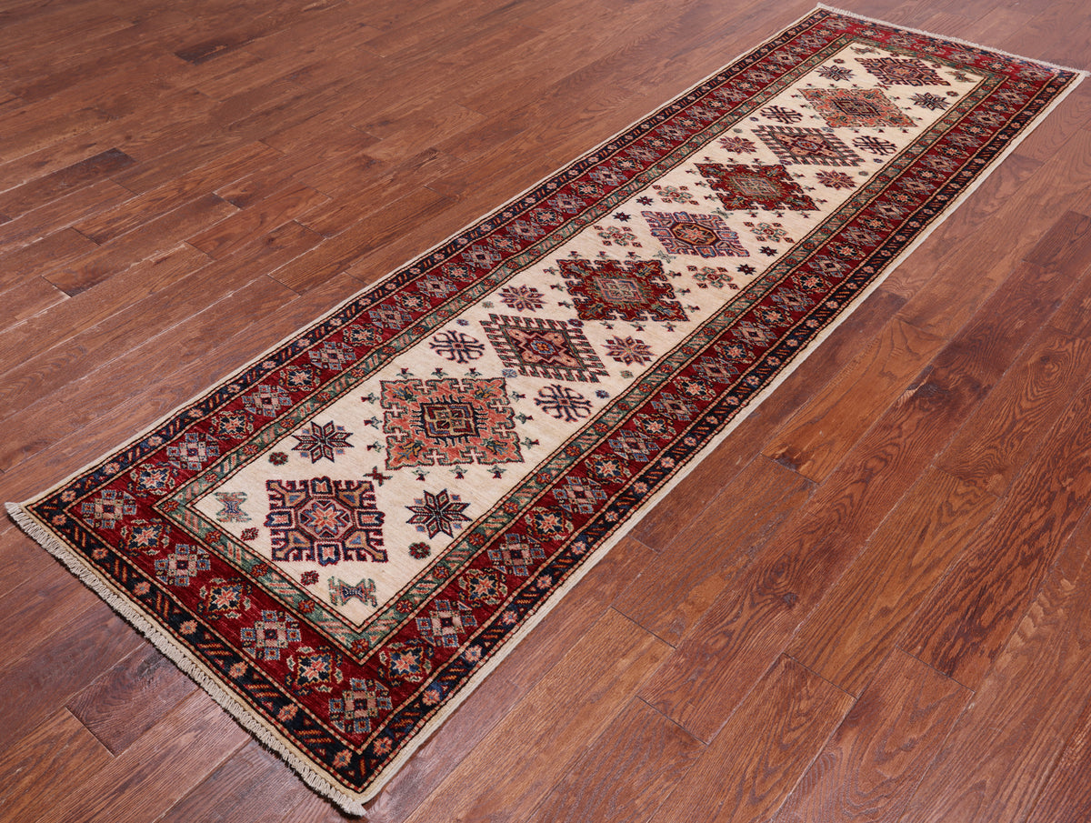 Ivory Super Kazak Handmade Wool Runner Rug - 2' 10" X 9' 5"