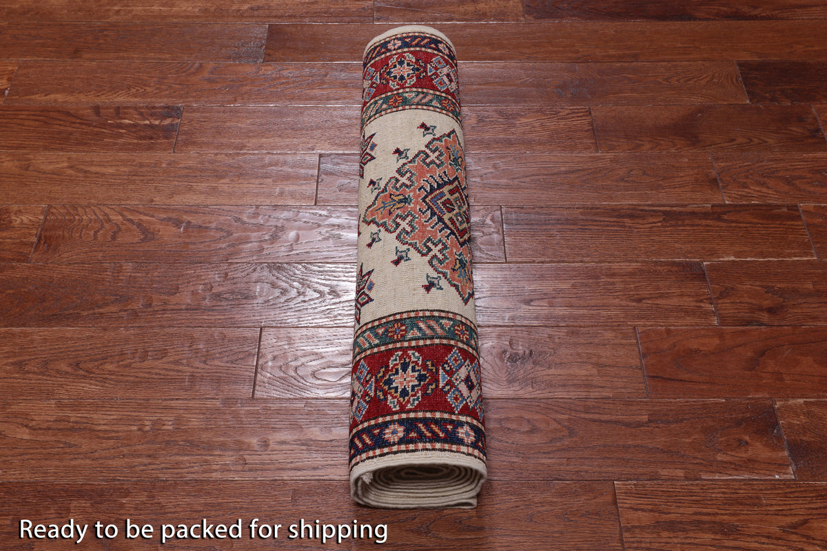 Ivory Super Kazak Handmade Wool Runner Rug - 2' 10" X 9' 5"