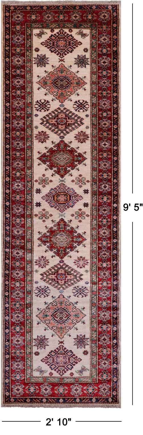 Ivory Super Kazak Handmade Wool Runner Rug - 2' 10" X 9' 5"
