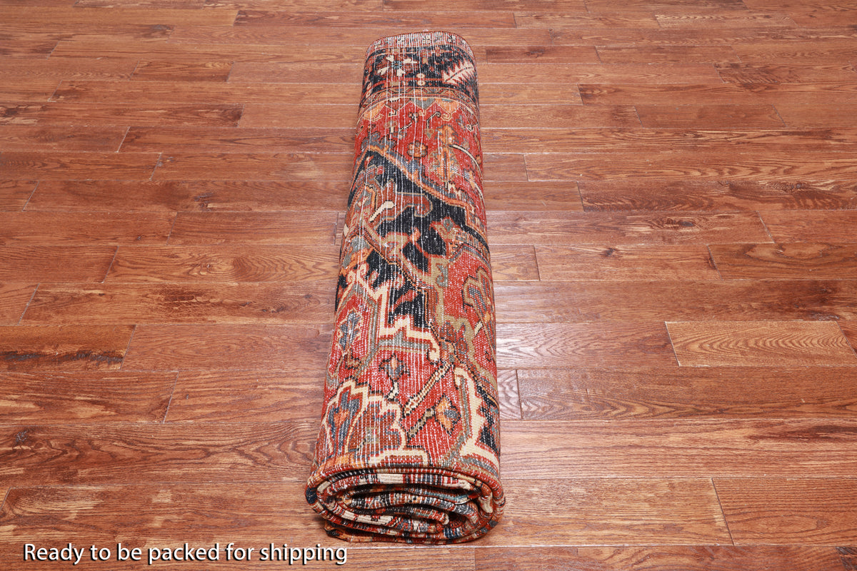 Red Vintage Persian Heriz Serapi Hand Knotted Wool Rug - 9' 3" X 12' 5"