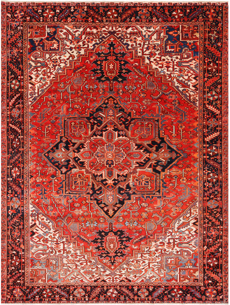 Red Vintage Persian Heriz Serapi Hand Knotted Wool Rug - 9' 3" X 12' 5"