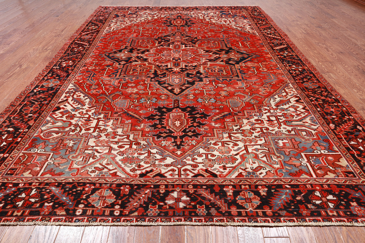 Red Vintage Persian Heriz Serapi Hand Knotted Wool Rug - 9' 3" X 12' 5"