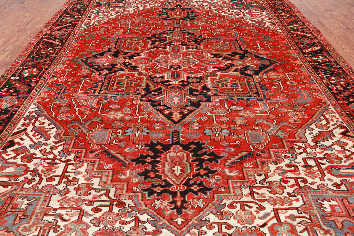 Red Vintage Persian Heriz Serapi Hand Knotted Wool Rug - 9' 3" X 12' 5"