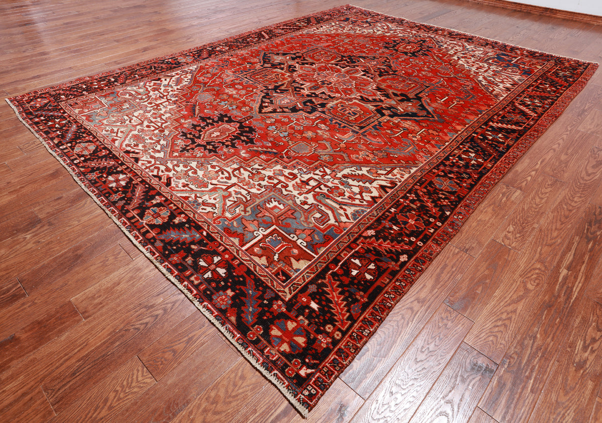 Red Vintage Persian Heriz Serapi Hand Knotted Wool Rug - 9' 3" X 12' 5"