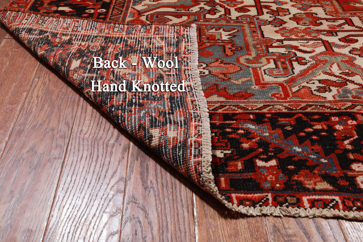 Red Vintage Persian Heriz Serapi Hand Knotted Wool Rug - 9' 3" X 12' 5"