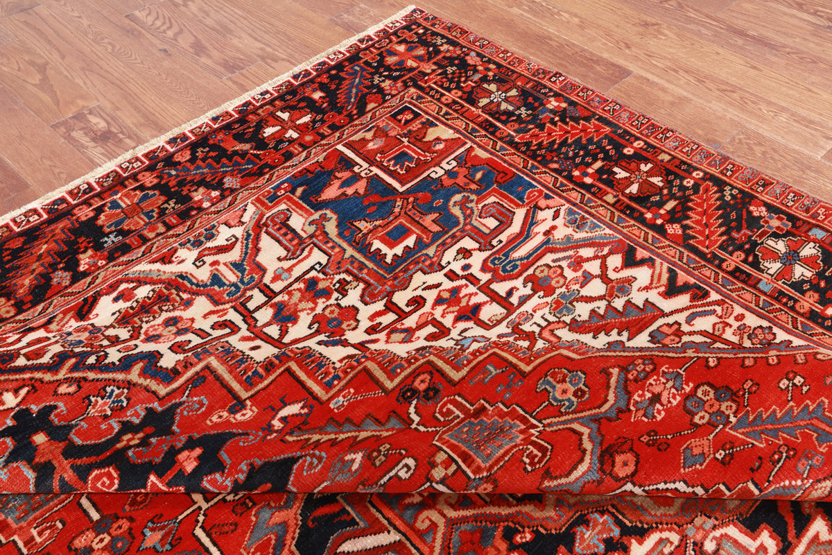 Red Vintage Persian Heriz Serapi Hand Knotted Wool Rug - 9' 3" X 12' 5"
