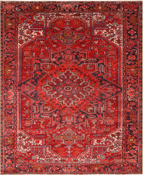 Red Vintage Persian Heriz Serapi Handmade Wool Rug - 10' 1" X 12' 7"