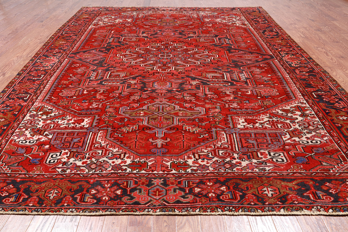 Red Vintage Persian Heriz Serapi Handmade Wool Rug - 10' 1" X 12' 7"