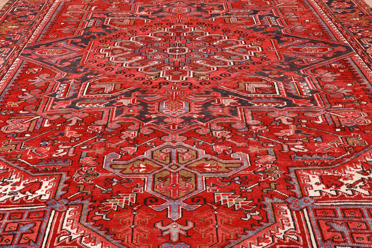 Red Vintage Persian Heriz Serapi Handmade Wool Rug - 10' 1" X 12' 7"