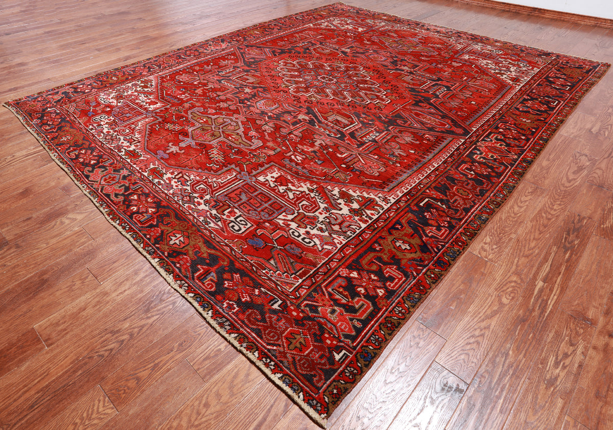 Red Vintage Persian Heriz Serapi Handmade Wool Rug - 10' 1" X 12' 7"