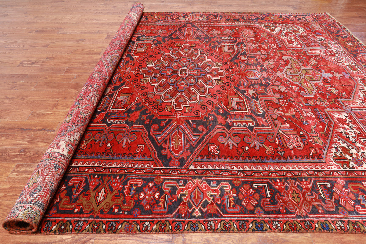 Red Vintage Persian Heriz Serapi Handmade Wool Rug - 10' 1" X 12' 7"