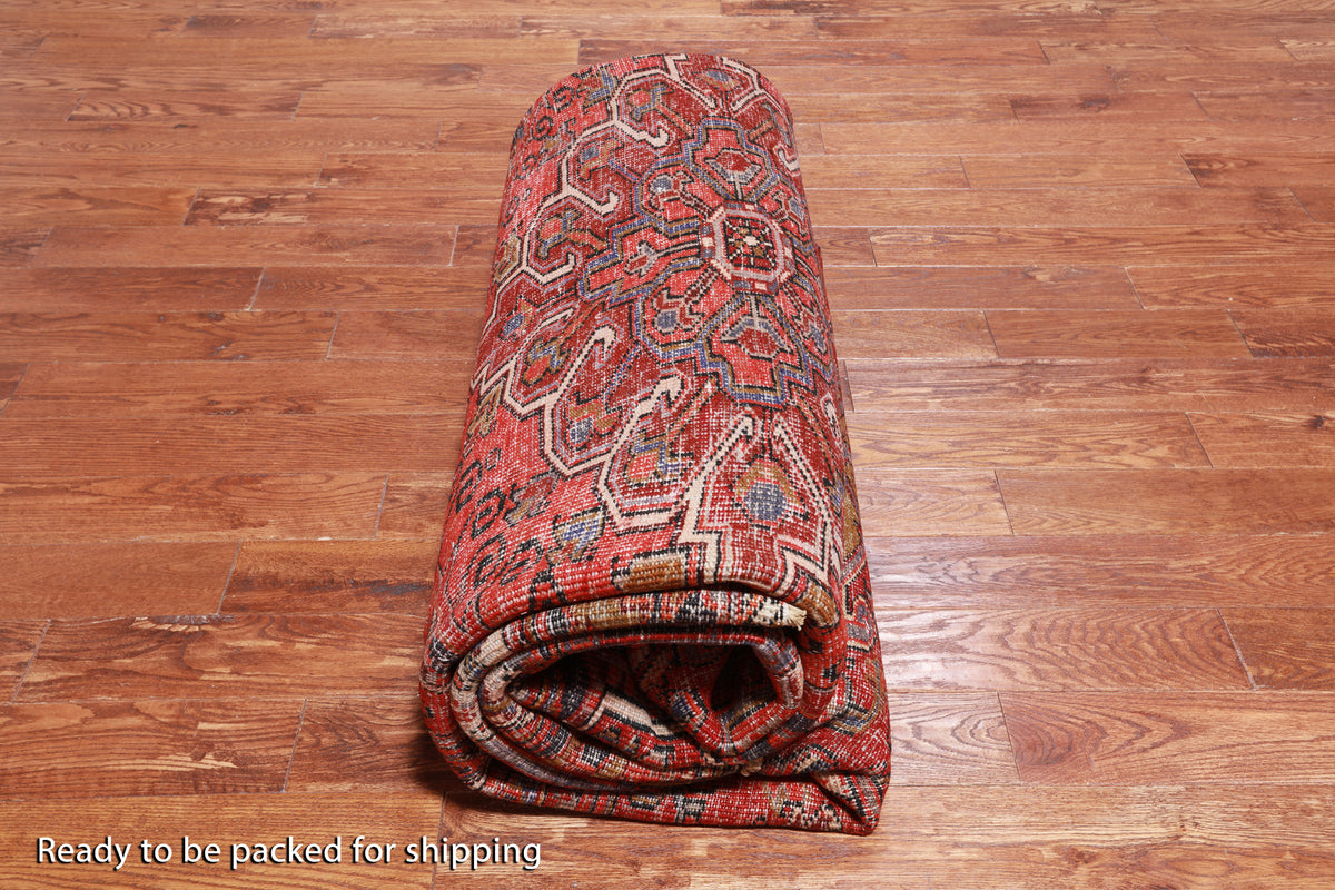 Red Vintage Persian Heriz Serapi Handmade Wool Rug - 10' 1" X 12' 7"
