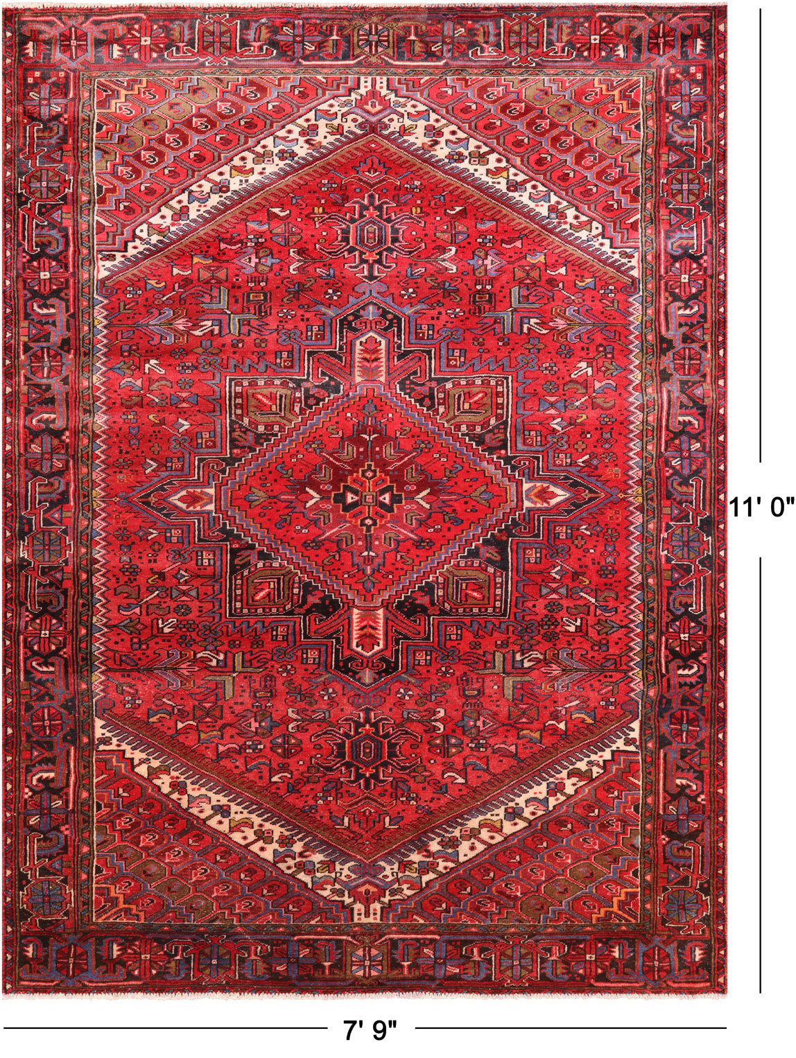 Red Vintage Persian Heriz Serapi Handmade Wool Rug - 7' 9" X 11' 0"