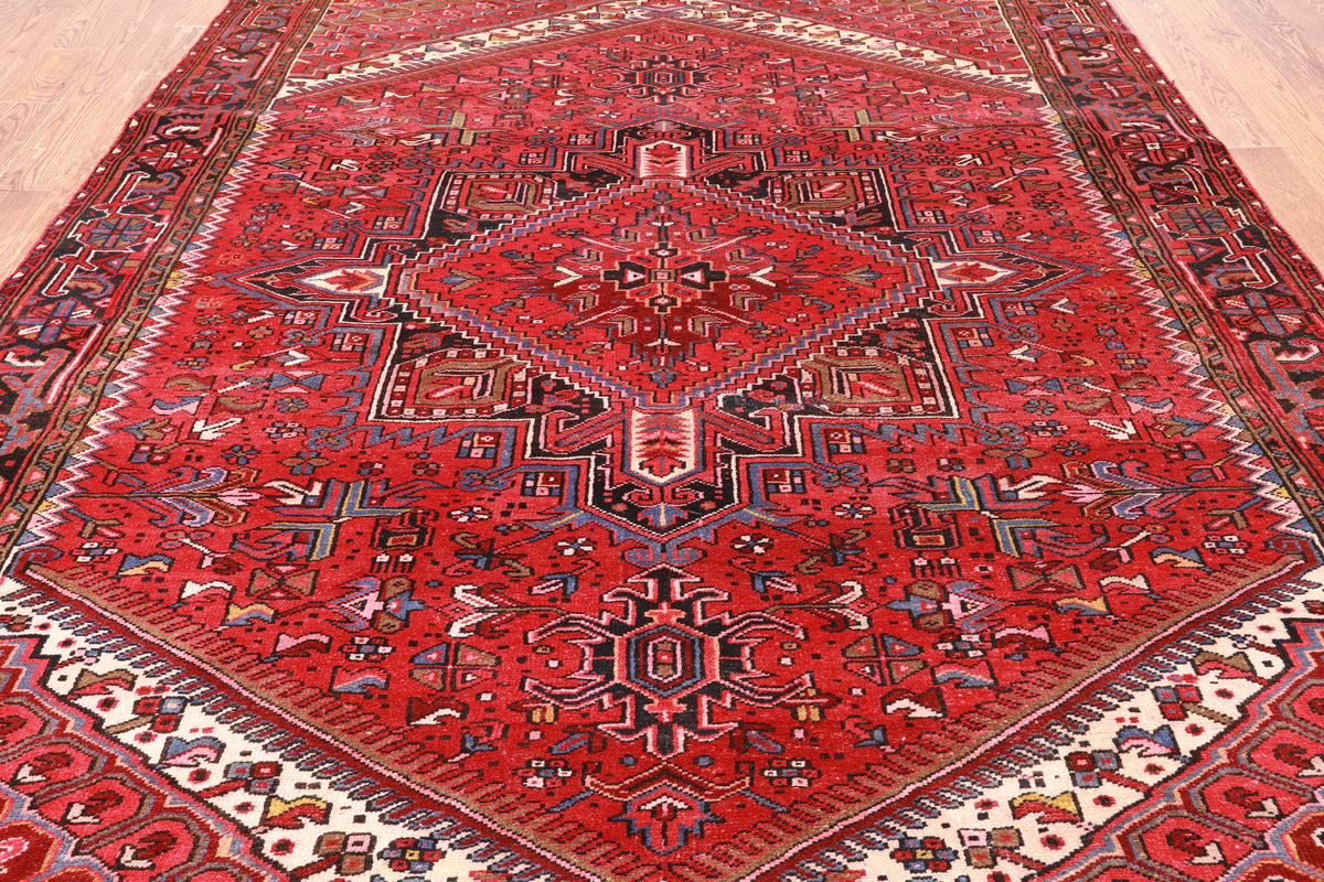 Red Vintage Persian Heriz Serapi Handmade Wool Rug - 7' 9" X 11' 0"