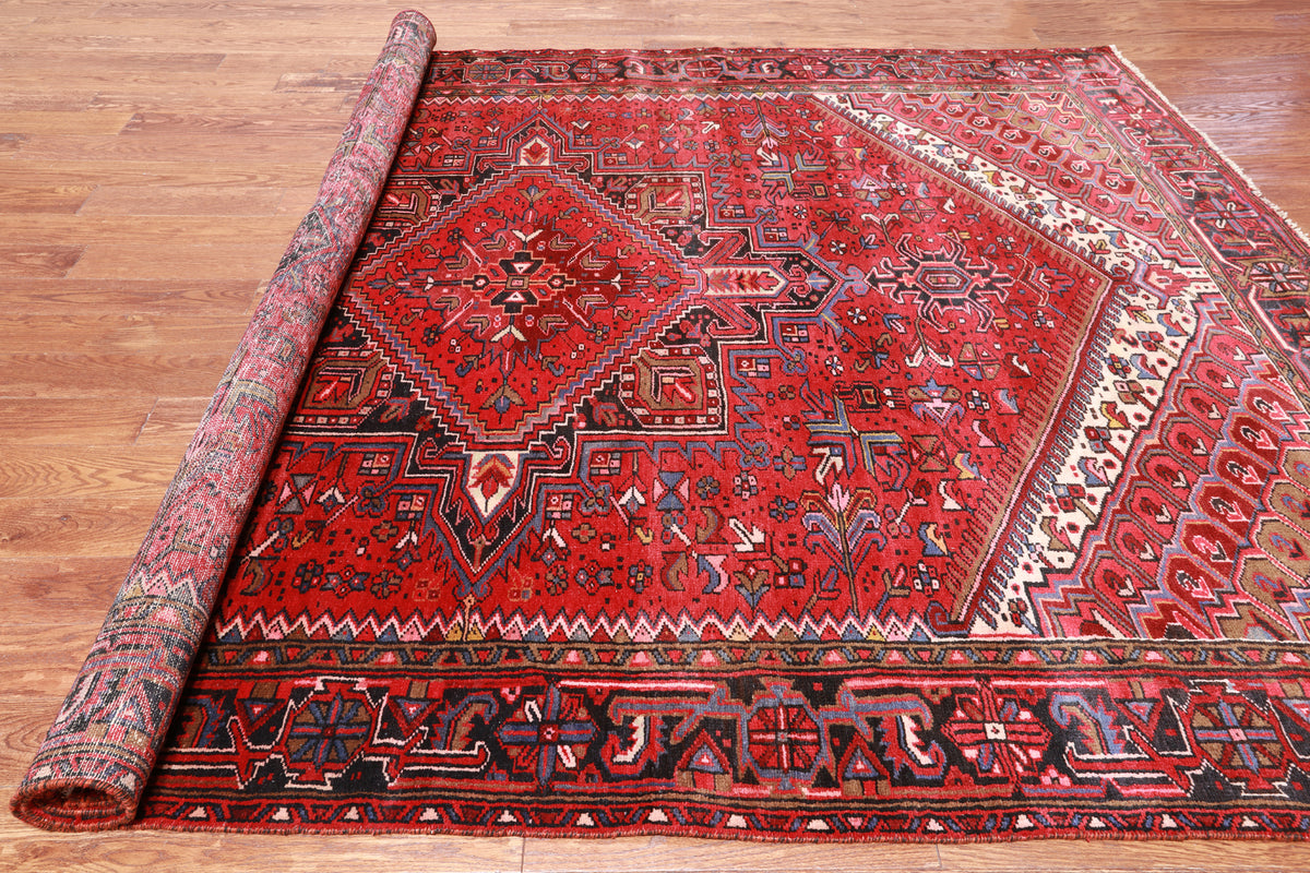 Red Vintage Persian Heriz Serapi Handmade Wool Rug - 7' 9" X 11' 0"
