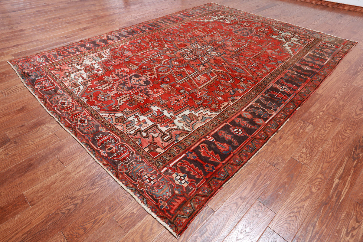 Rust Vintage Persian Heriz Serapi Handmade Wool Rug - 8' 8" X 11' 9"