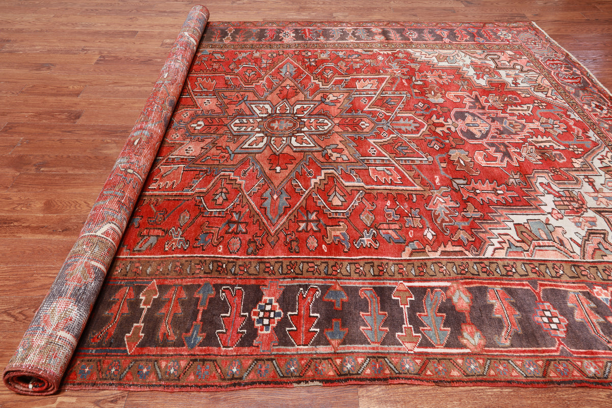 Rust Vintage Persian Heriz Serapi Handmade Wool Rug - 8' 8" X 11' 9"
