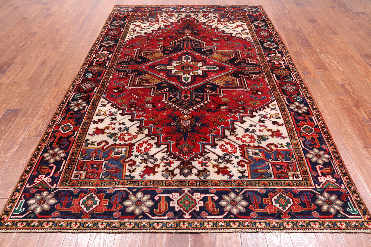 Red Vintage Persian Heriz Serapi Hand-Knotted Wool Rug - 6' 6" X 9' 4"