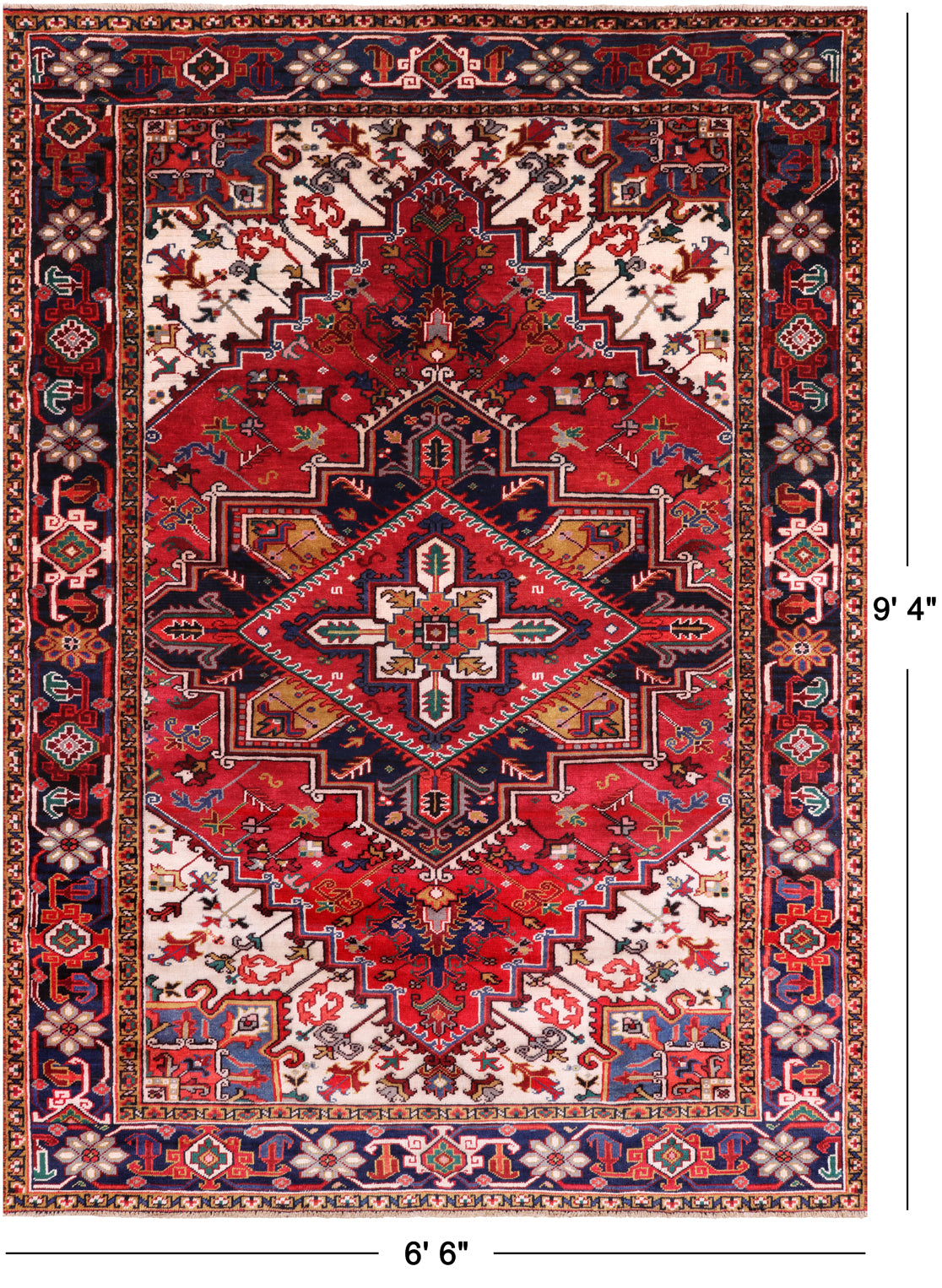 Red Vintage Persian Heriz Serapi Hand-Knotted Wool Rug - 6' 6" X 9' 4"