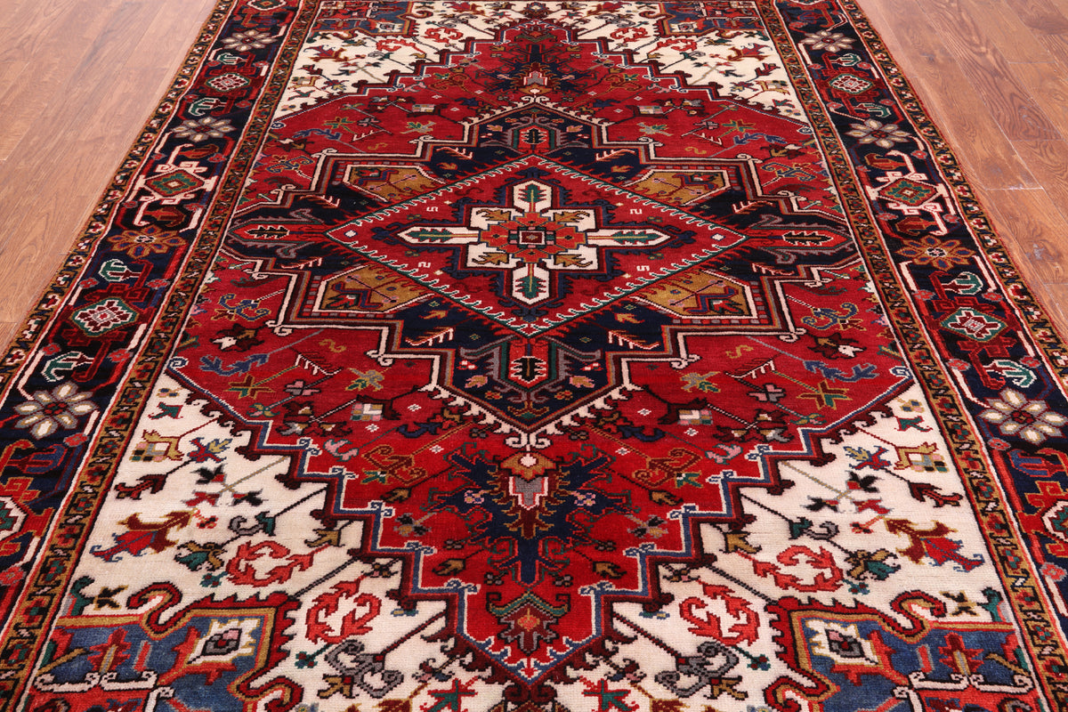Red Vintage Persian Heriz Serapi Hand-Knotted Wool Rug - 6' 6" X 9' 4"