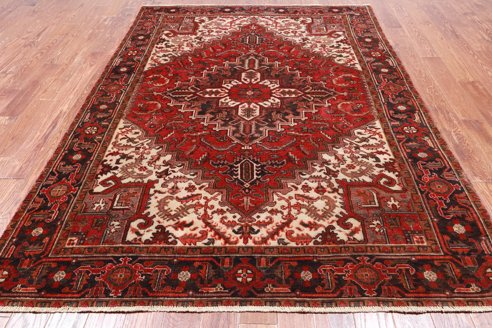 Rust Vintage Persian Heriz Serapi Handmade Wool Rug - 6' 5" X 9' 0"