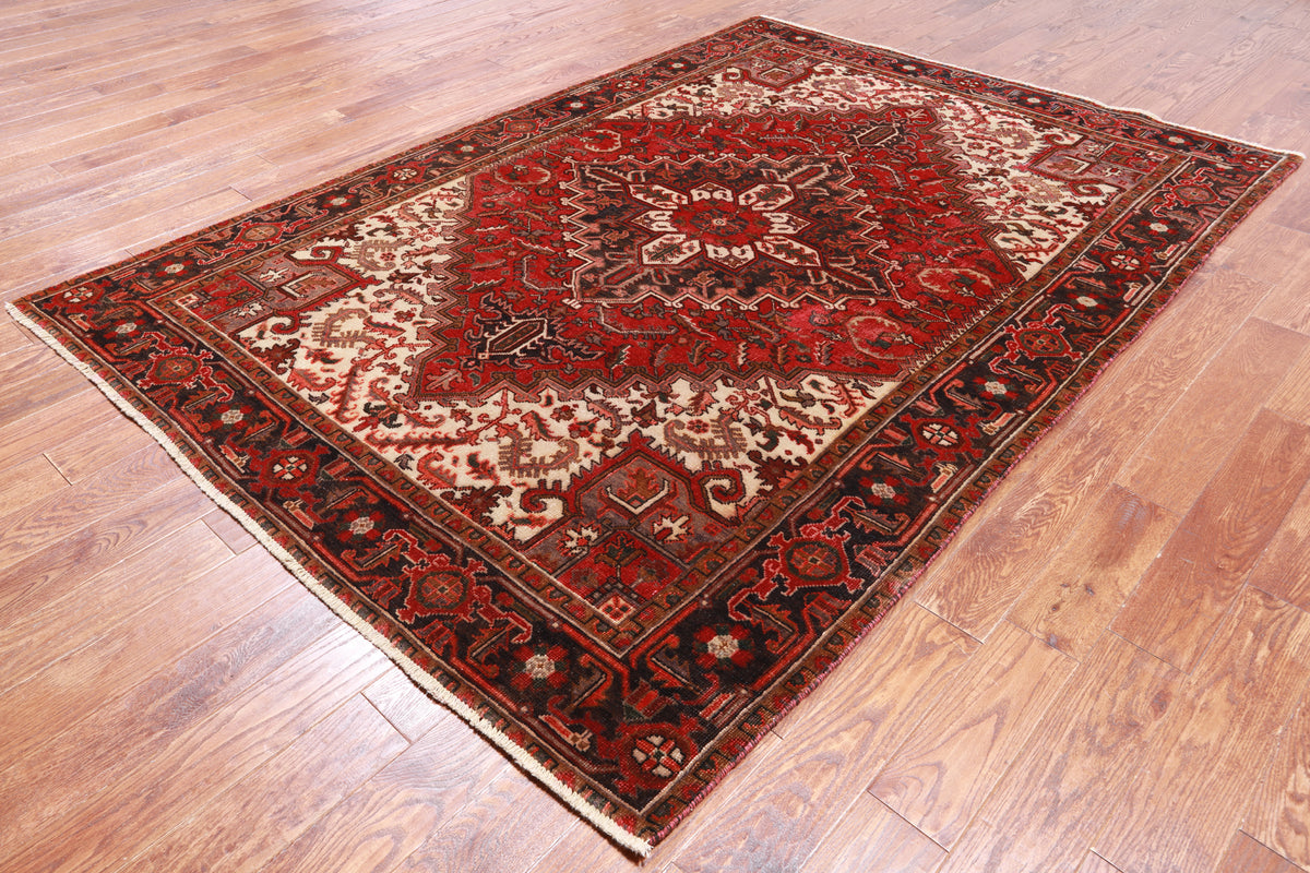 Rust Vintage Persian Heriz Serapi Handmade Wool Rug - 6' 5" X 9' 0"