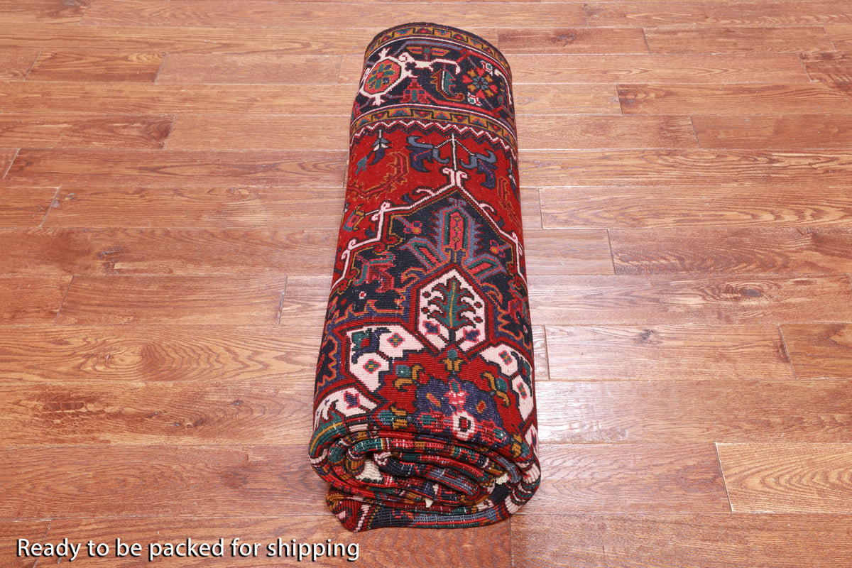 Red Vintage Persian Heriz Serapi Hand Knotted Wool Rug - 6' 9" X 9' 6"