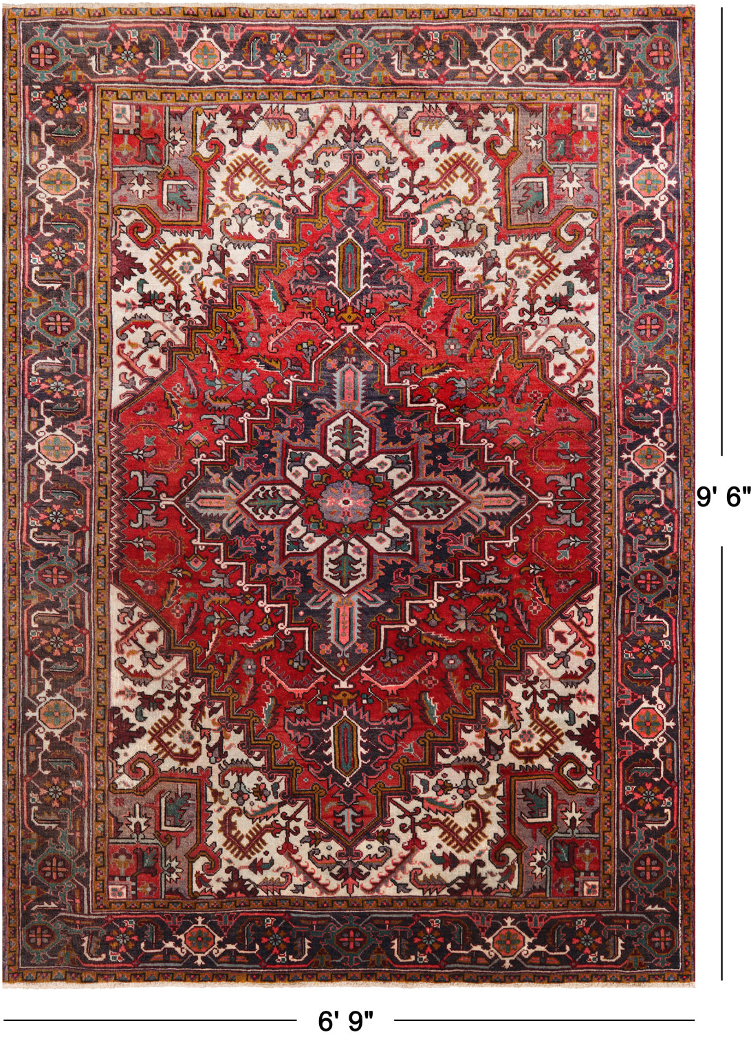 Red Vintage Persian Heriz Serapi Hand Knotted Wool Rug - 6' 9" X 9' 6"