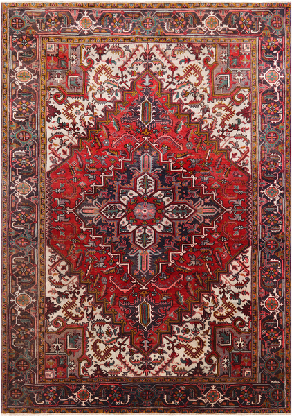 Red Vintage Persian Heriz Serapi Hand Knotted Wool Rug - 6' 9" X 9' 6"