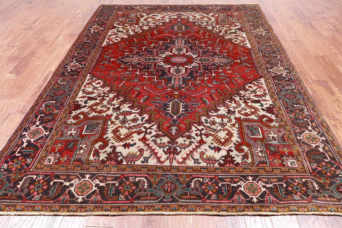 Red Vintage Persian Heriz Serapi Hand Knotted Wool Rug - 6' 9" X 9' 6"