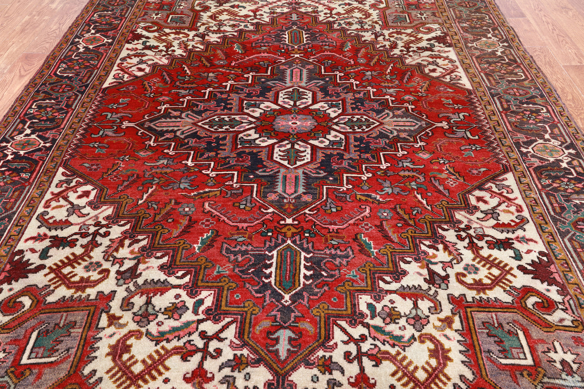Red Vintage Persian Heriz Serapi Hand Knotted Wool Rug - 6' 9" X 9' 6"