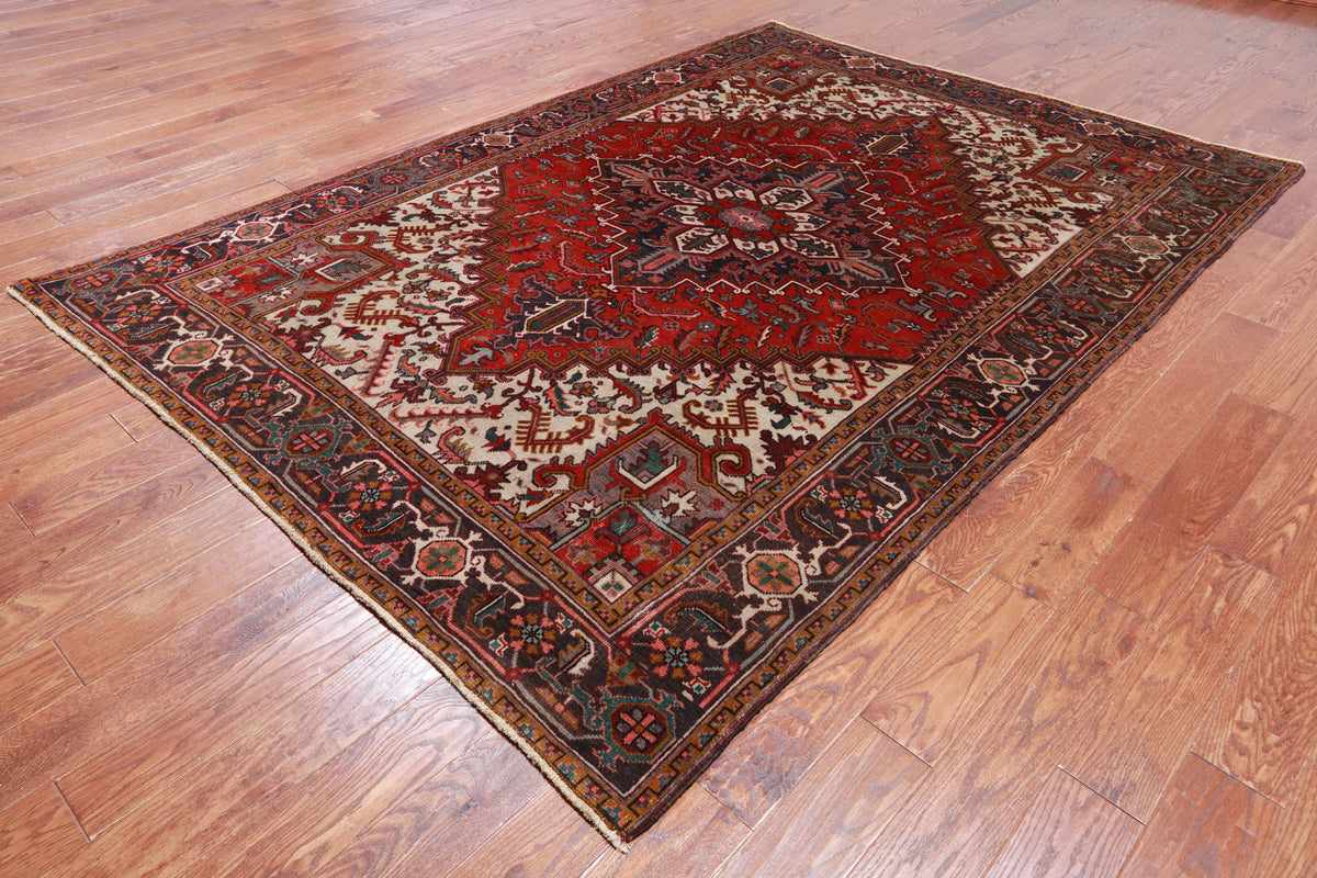 Red Vintage Persian Heriz Serapi Hand Knotted Wool Rug - 6' 9" X 9' 6"