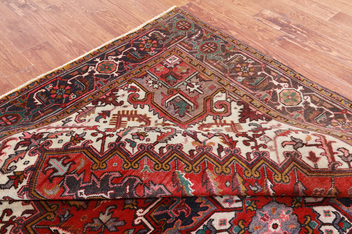 Red Vintage Persian Heriz Serapi Hand Knotted Wool Rug - 6' 9" X 9' 6"