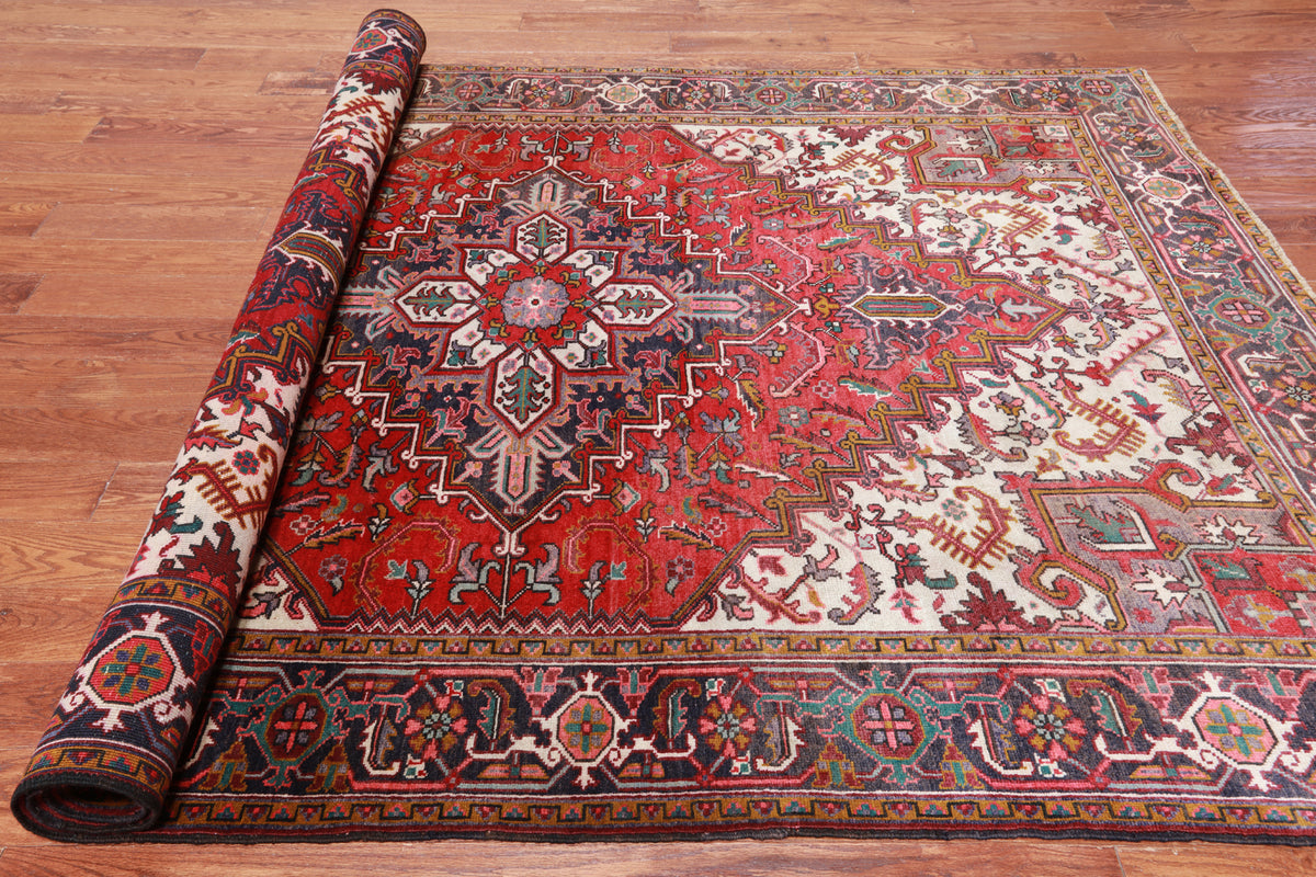 Red Vintage Persian Heriz Serapi Hand Knotted Wool Rug - 6' 9" X 9' 6"