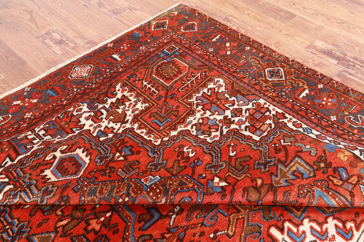 Orange Vintage Persian Heriz Serapi Handmade Wool Rug - 7' 8" X 10' 11"