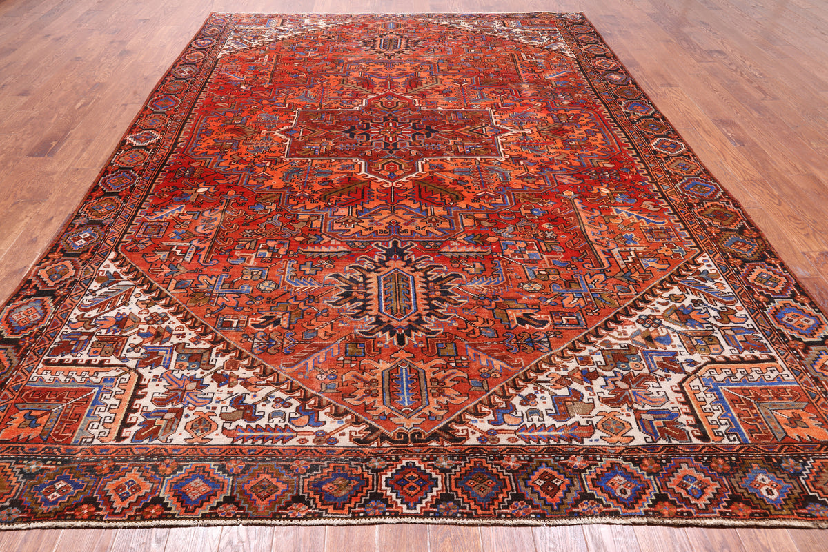 Orange Vintage Persian Heriz Serapi Hand-Knotted Wool Rug - 9' 2" X 12' 1"