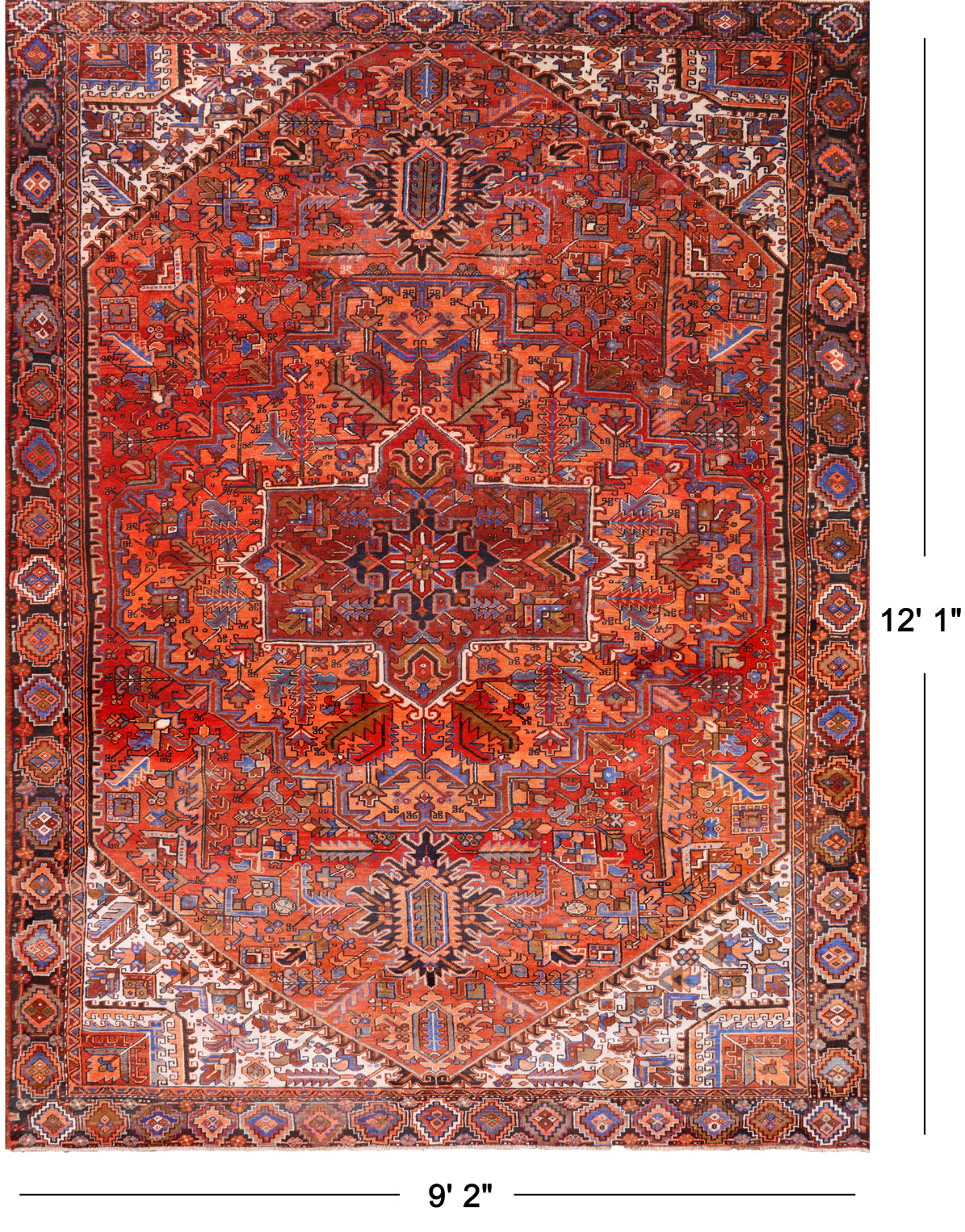 Orange Vintage Persian Heriz Serapi Hand-Knotted Wool Rug - 9' 2" X 12' 1"