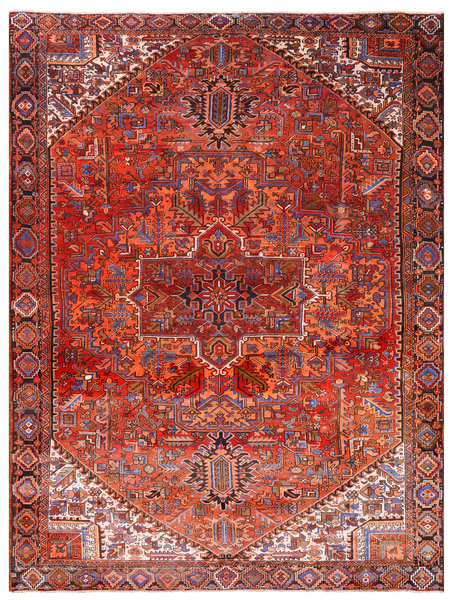 Orange Vintage Persian Heriz Serapi Hand-Knotted Wool Rug - 9' 2" X 12' 1"