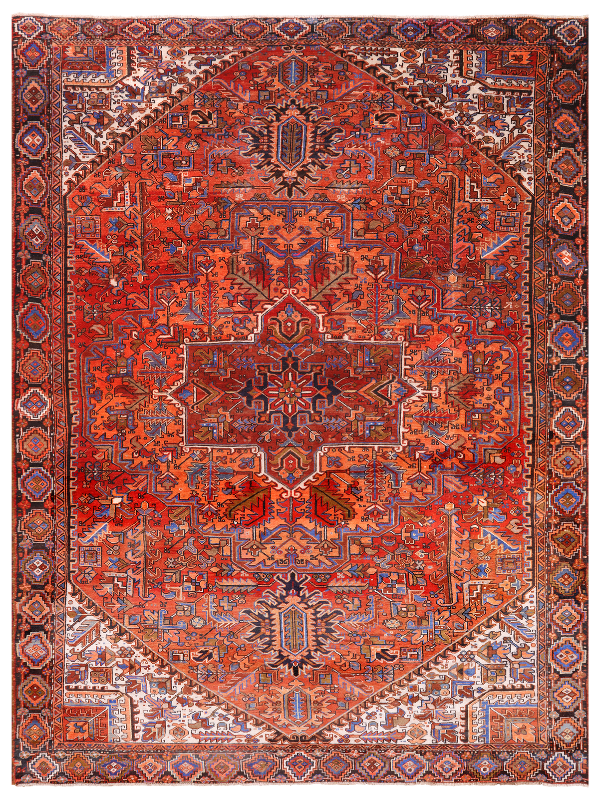 Orange Vintage Persian Heriz Serapi Hand-Knotted Wool Rug - 9' 2" X 12' 1"