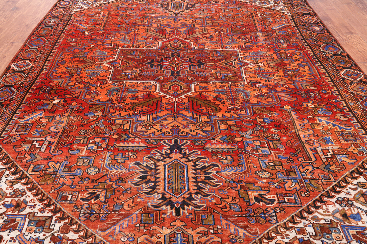 Orange Vintage Persian Heriz Serapi Hand-Knotted Wool Rug - 9' 2" X 12' 1"