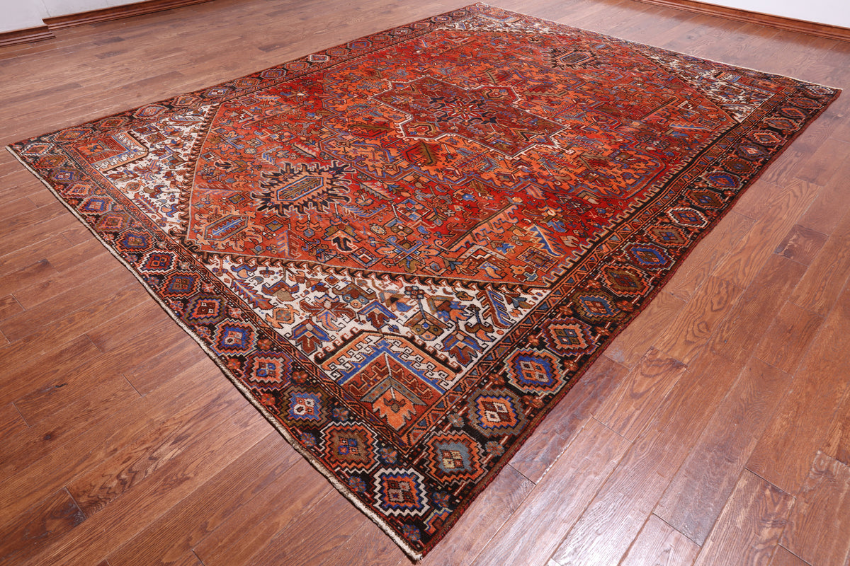 Orange Vintage Persian Heriz Serapi Hand-Knotted Wool Rug - 9' 2" X 12' 1"