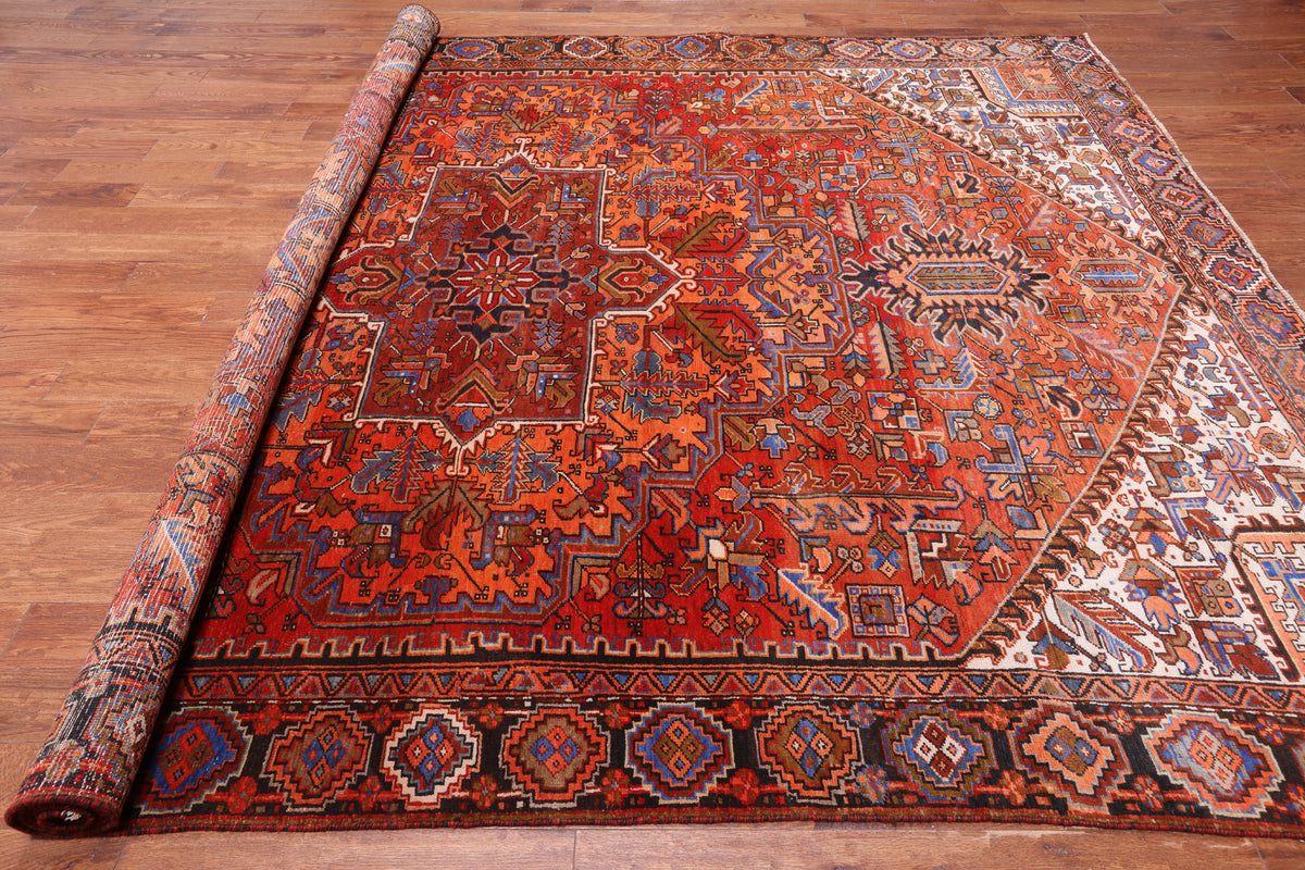 Orange Vintage Persian Heriz Serapi Hand-Knotted Wool Rug - 9' 2" X 12' 1"