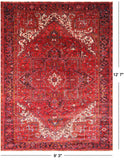 Red Vintage Persian Heriz Serapi Hand-Knotted Wool Rug - 9' 3" X 12' 7"
