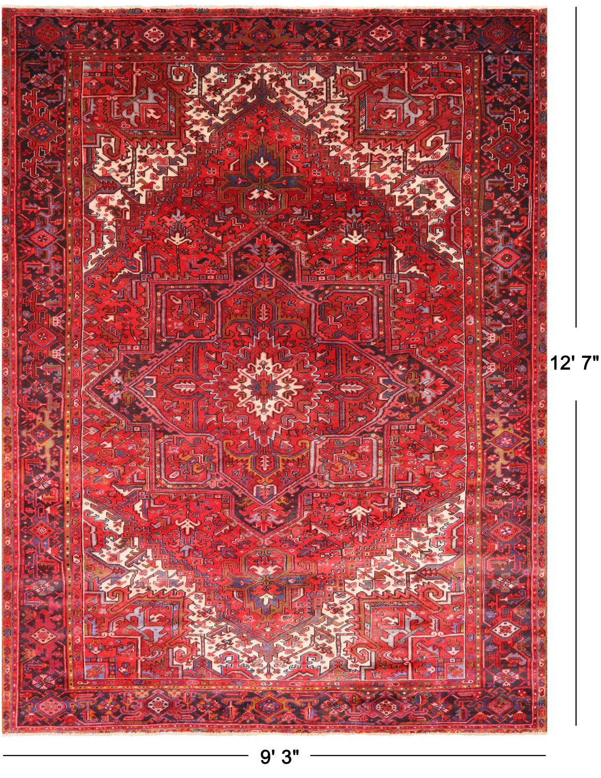 Red Vintage Persian Heriz Serapi Hand-Knotted Wool Rug - 9' 3" X 12' 7"