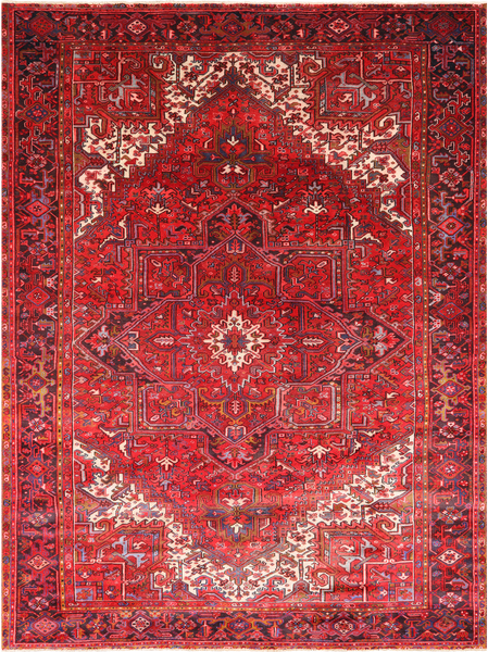 Red Vintage Persian Heriz Serapi Hand-Knotted Wool Rug - 9' 3" X 12' 7"