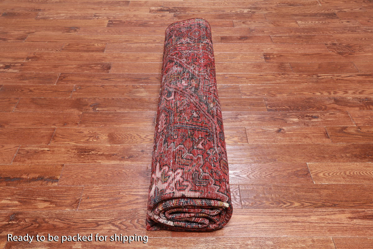 Red Vintage Persian Heriz Serapi Hand-Knotted Wool Rug - 9' 3" X 12' 7"