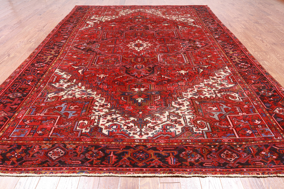 Red Vintage Persian Heriz Serapi Hand-Knotted Wool Rug - 9' 3" X 12' 7"